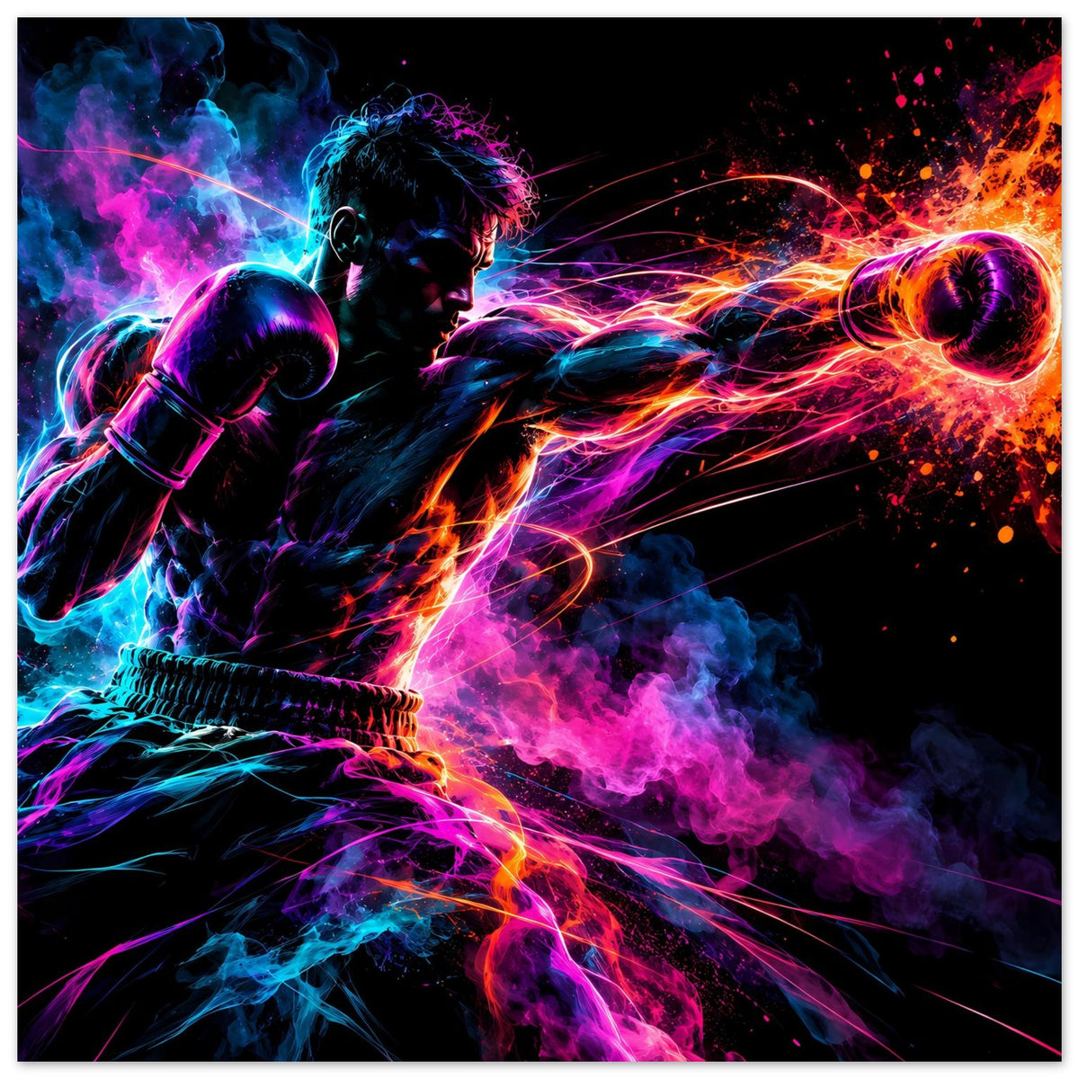 Poster mit Neon-Boxer in Dynamik, farbige Lichtlinien und Rauch
