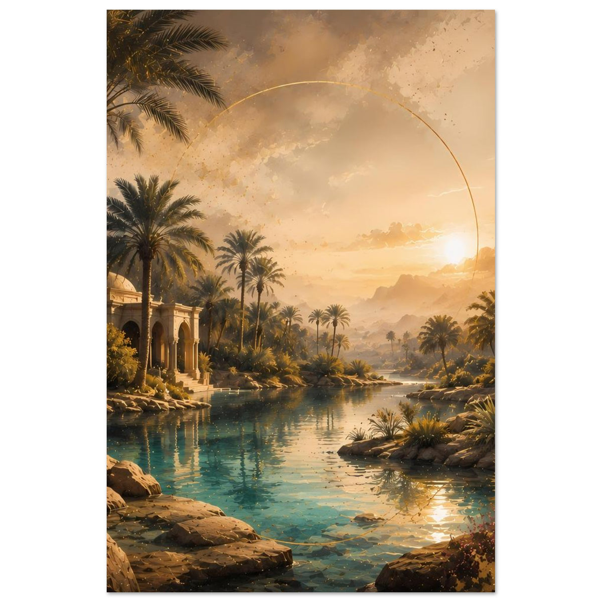Wandposter mit Palmen und türkisblauem See, orientalischer Pavillon links, goldener Bogen