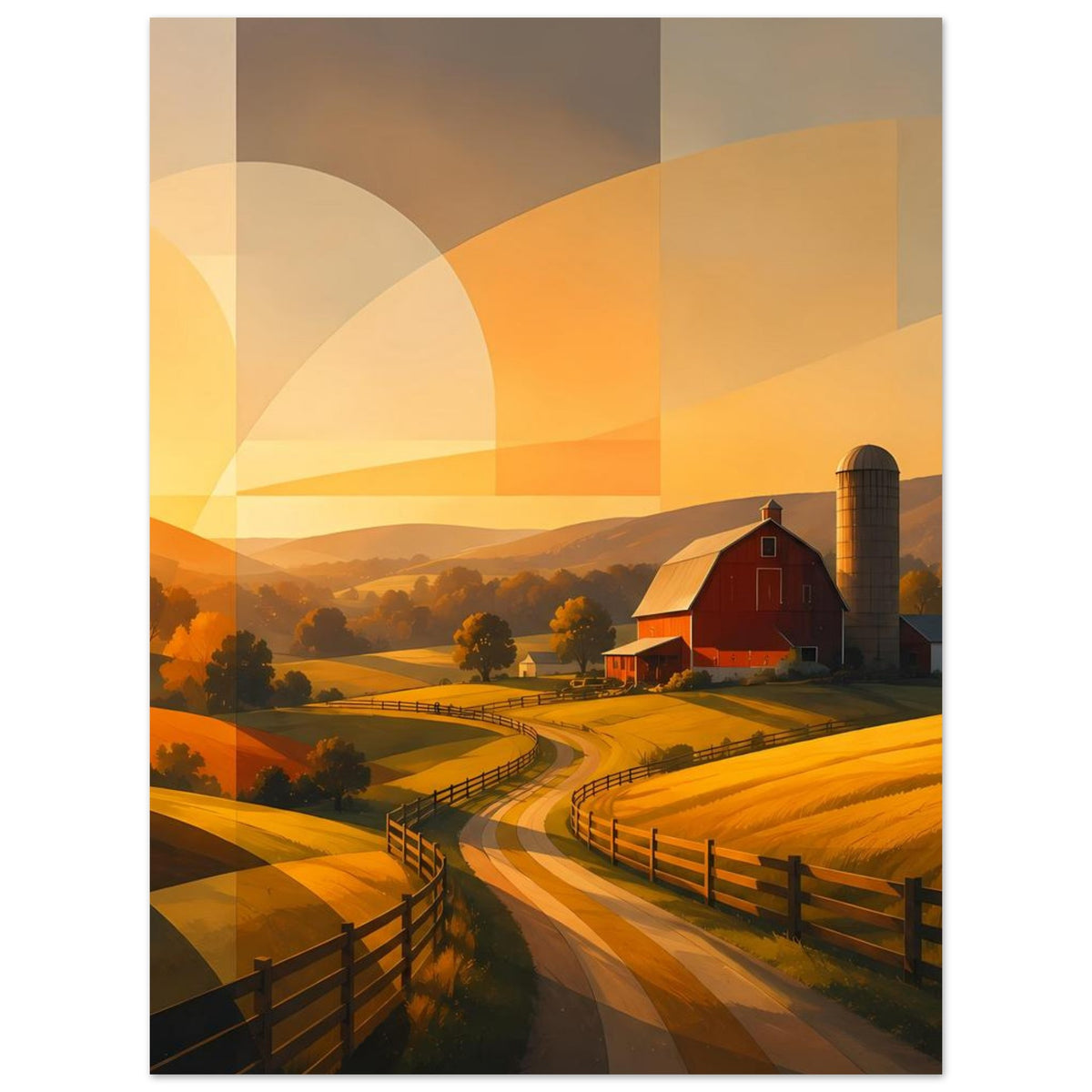 Hochkant-Poster mit roter Scheune, Siloturm, goldener Straße und Zäunen, überlagert von Formen