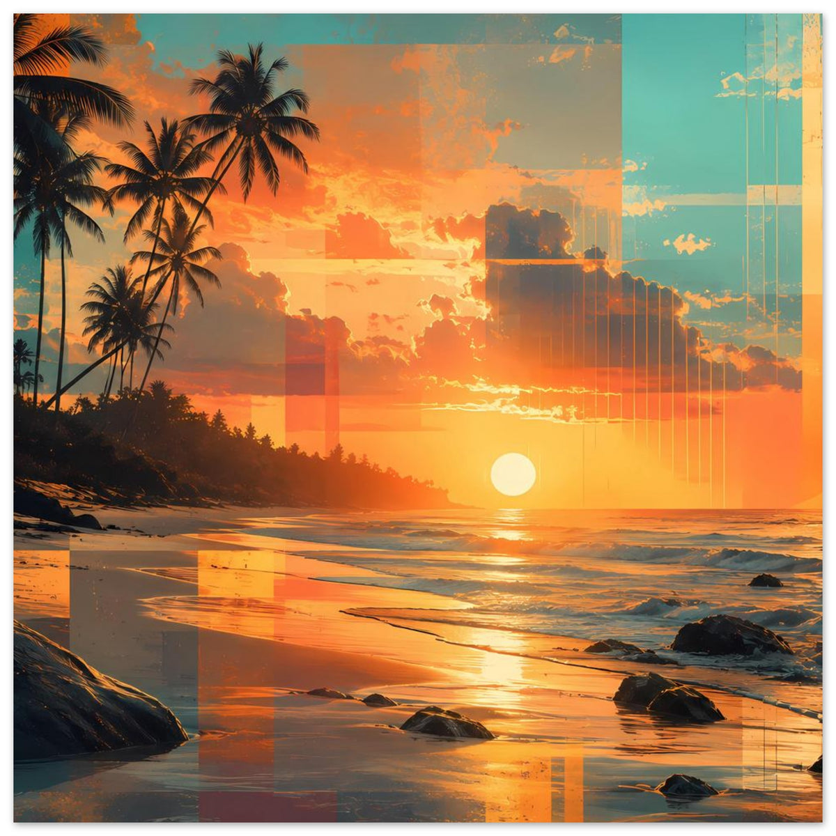 Horizontales Poster mit Palmen, Abendsonne über dem Meer und reflektierenden Wellen