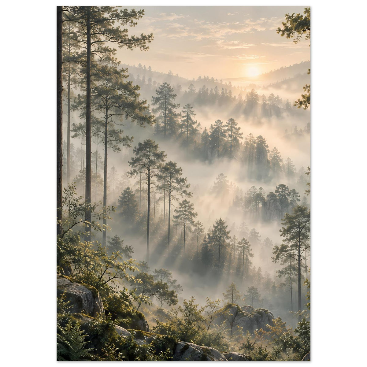 Waldlandschaft-Poster mit dunklen Baumstämmen, Tannen und dichtem Nebel im Hintergrund