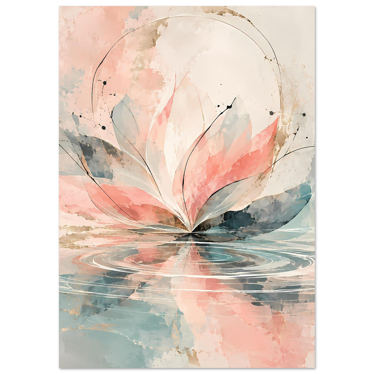 Aquarellblüten-Kunstposter mit rosa und blaugrauen Blättern, Kreisring und farbigen Wellen