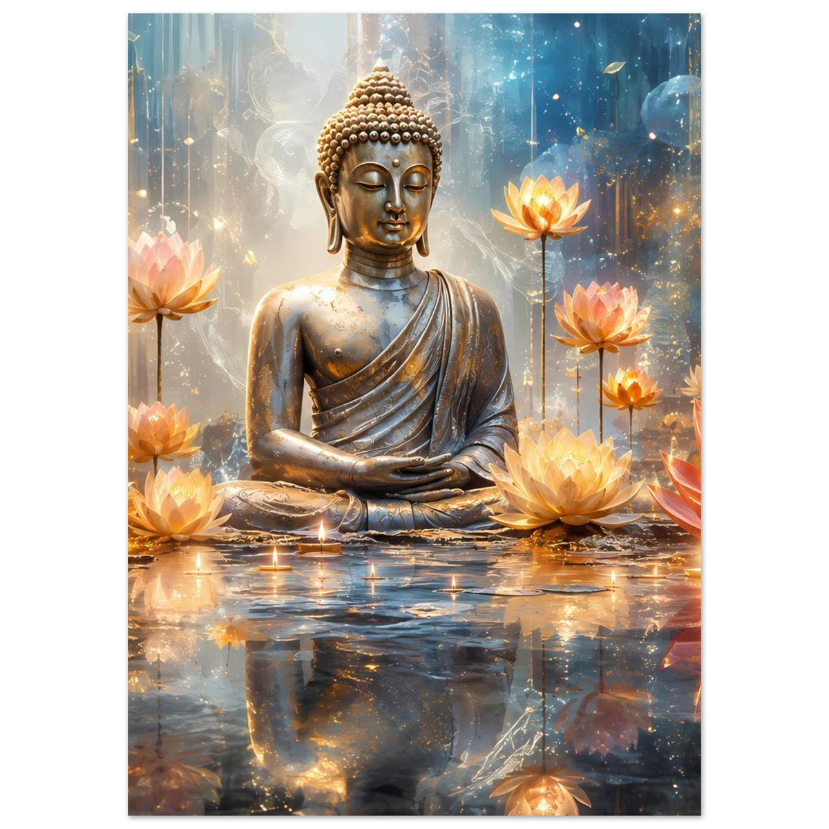 Vertikales Poster: goldener Buddha im Lotussitz mit leuchtenden Lotusblüten und goldener Lichtstimmung