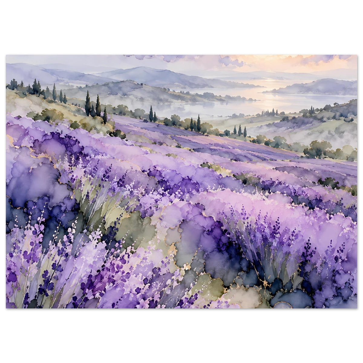 Aquarell-Landschaftsposter: weite Lavendelfelder in Lila mit warmem Gold am Horizont
