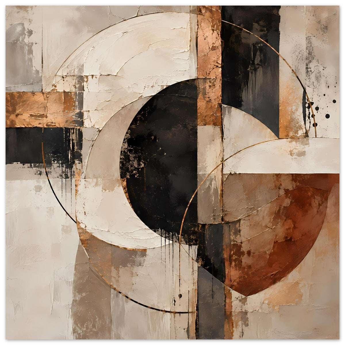 Abstraktes Geometrie-Poster mit Halbkreis-Formen in Beige, Schwarz und Rostbraun.