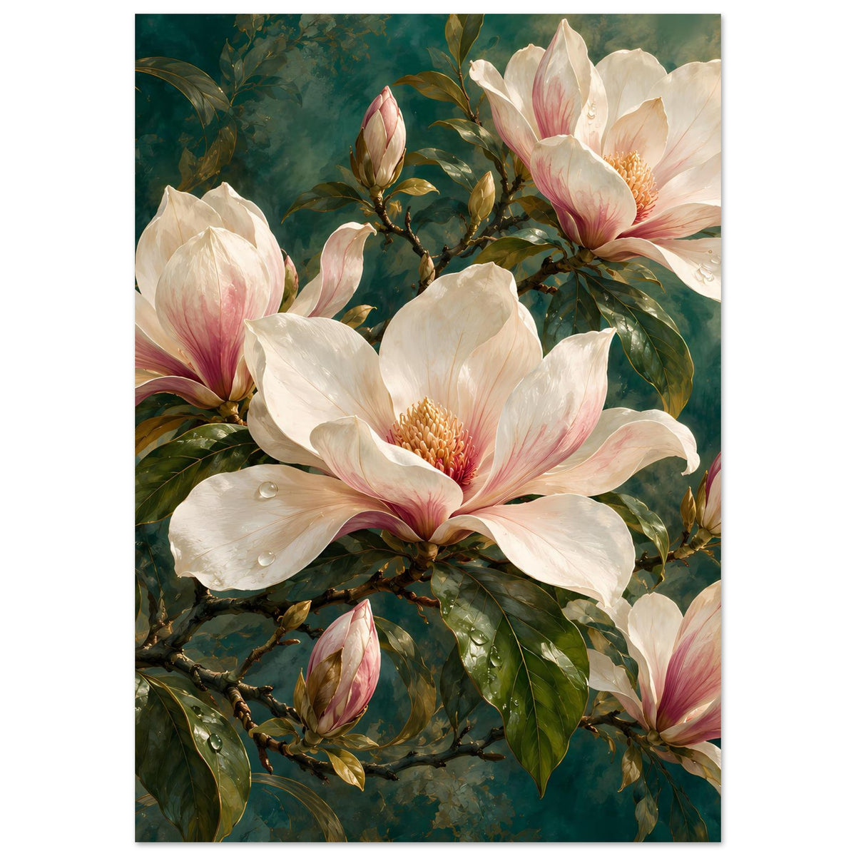 Vertikales Poster mit cremefarbenen Magnolienblüten und rosa Knospen auf grünen Zweigen