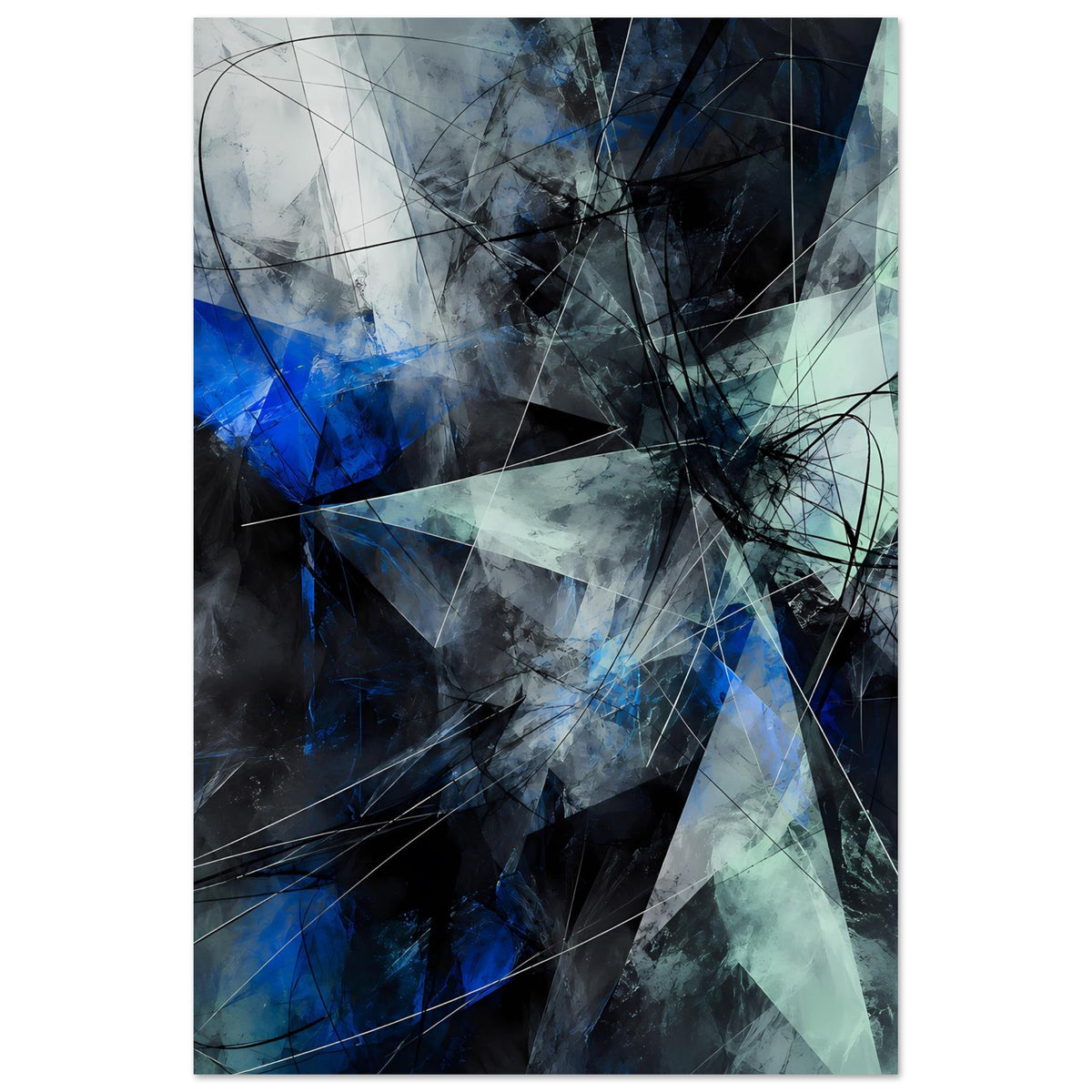 Abstraktes geometrisches Poster, vertikal, Blau, Türkis, Grau und Schwarz, mit Linien