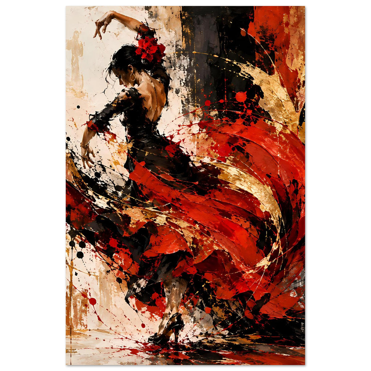 Flamenco-Feuerposter im Hochformat mit Tänzerin-Silhouette, roten und schwarzen Spritzern