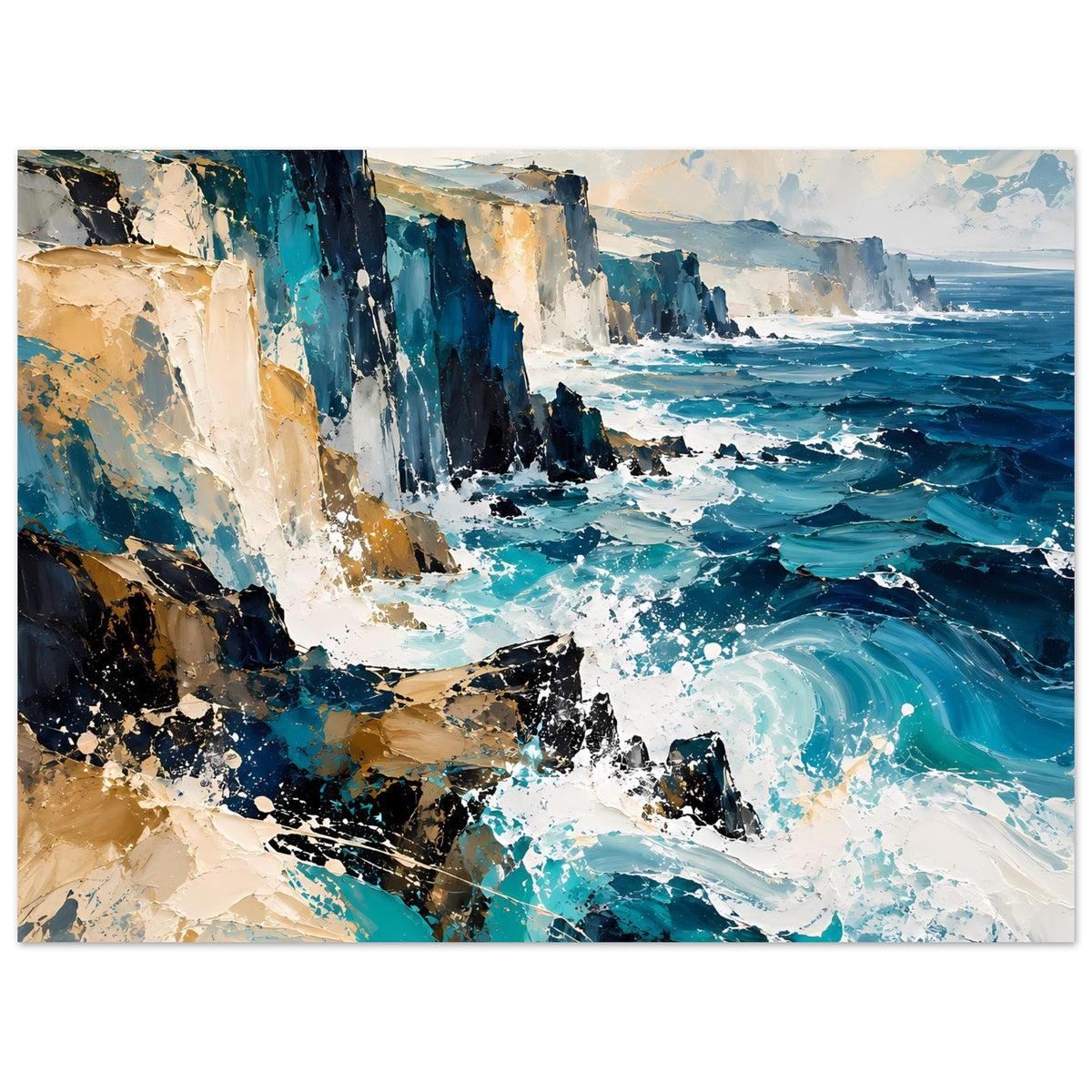 Horizontales Küstenposter mit türkisblauem Ozean, weißen Spritzern und Klippen am Strand