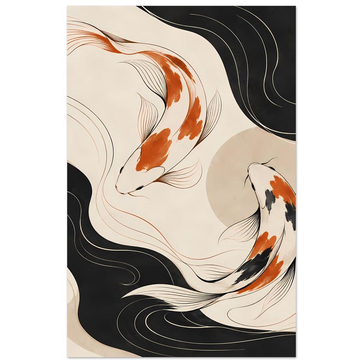 Vertikales Poster mit zwei Koi-Fischen in Orange und Schwarz auf Beige mit Wellen
