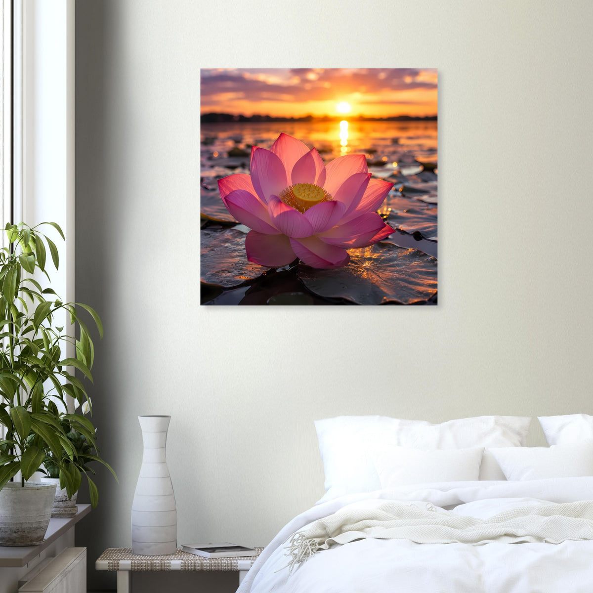 Wandposter mit pinker Lotusblüte, Abendhimmel und Sonnenreflexen auf Wasser, schwarzer Rahmen