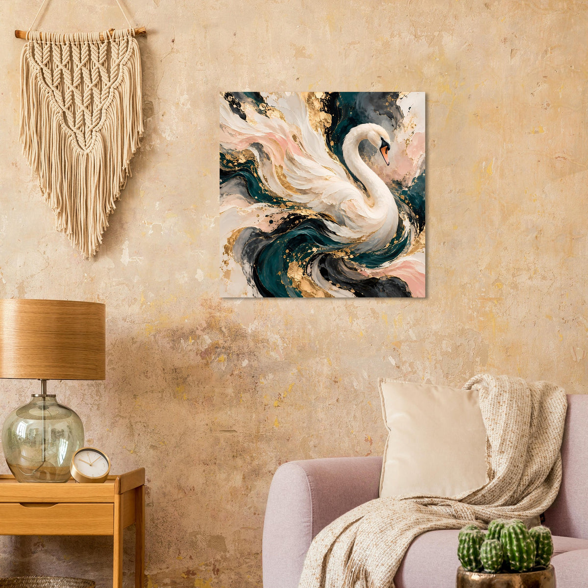 Kunstposter mit Schwanmotiv in Creme, Rosa, Türkis und dunklen Farbflächen