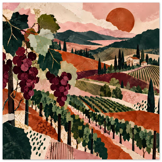 Poster mit Weinreben-Landschaft: Weinhügel, Waldweg, Weintrauben und großer orangefarbener Sonne