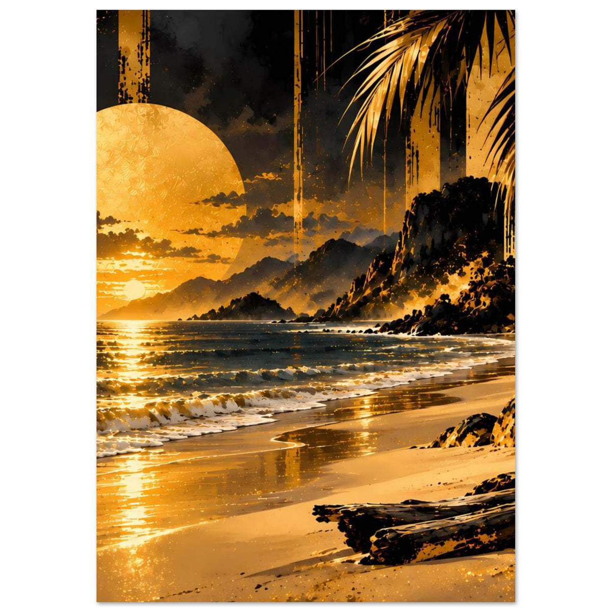 Poster im Hochformat mit Strand und goldener Sonne, Palmenblättern, Wellen und Sand.