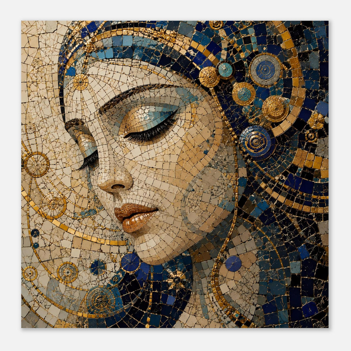 Mosaik-Porträtposter als Nahansicht: Frau im Profil mit blau-goldenen Steinen und Goldringen