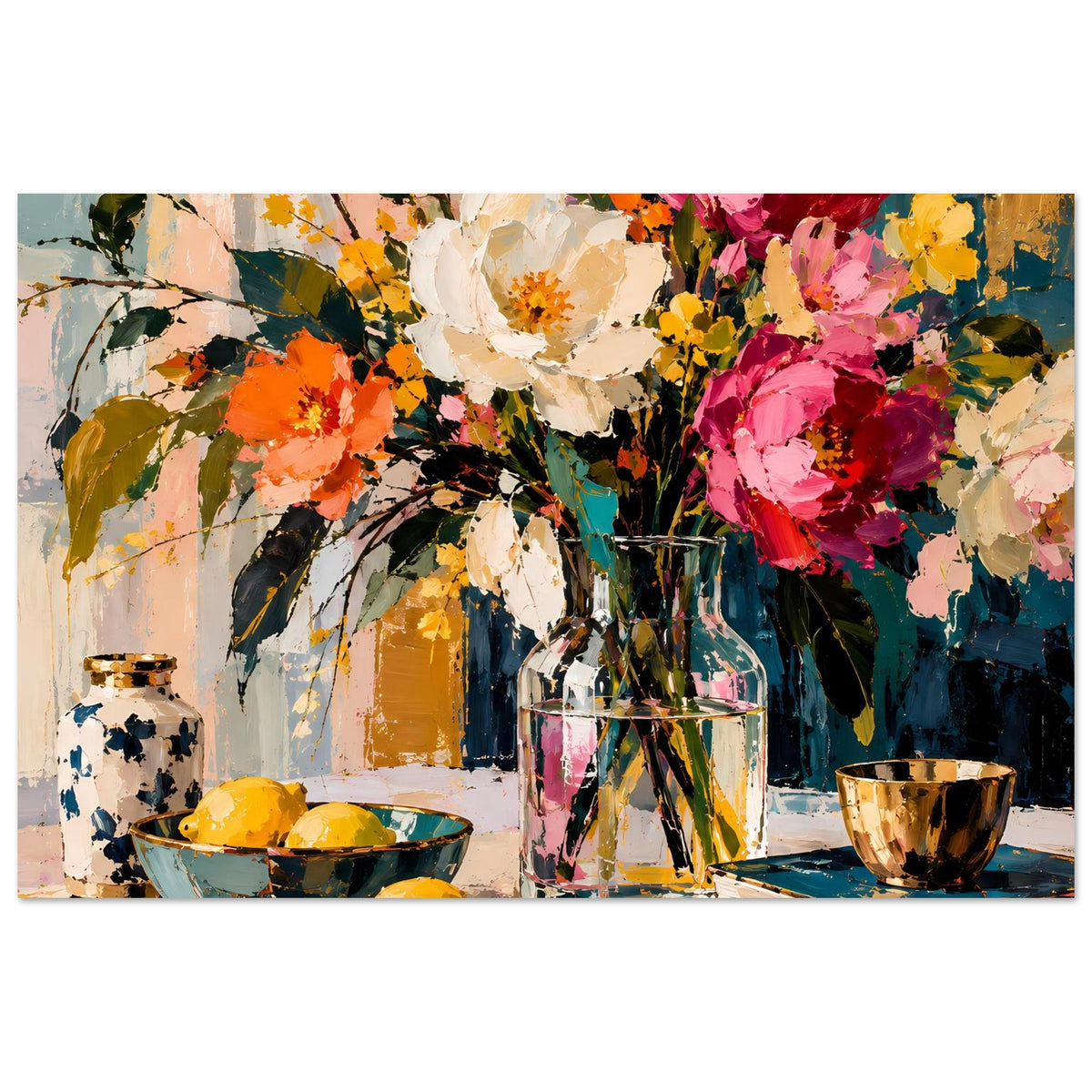 Blumen-Stillleben-Poster (breit) mit Strauß, Glasvase, Schale, Becher und dekorativem Stillleben