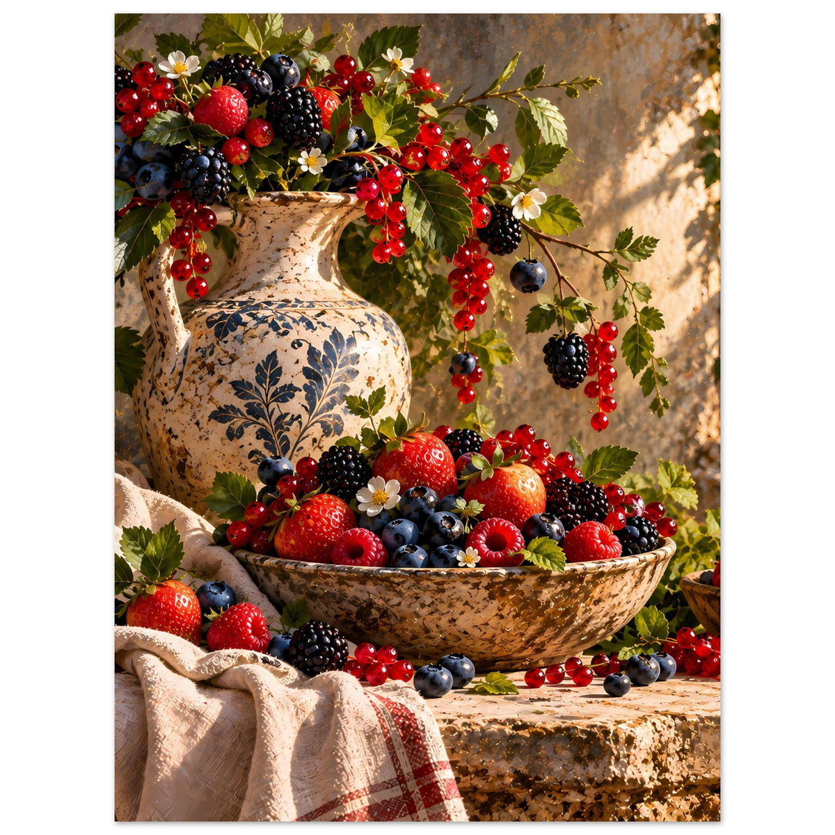Beeren-Stillleben-Poster mit Vase, roten und schwarzen Beeren sowie grünen Blättern
