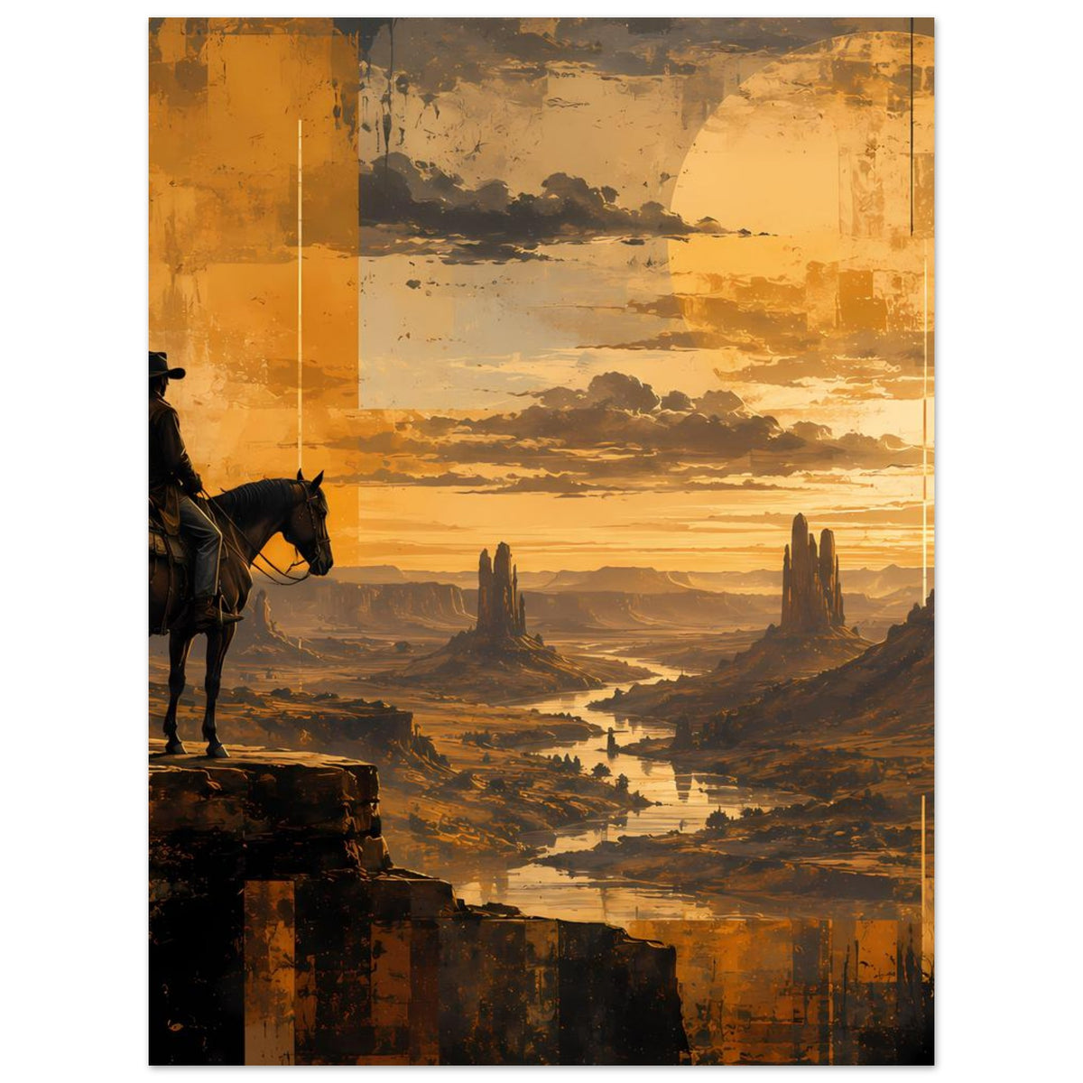 Vertikales Poster: Cowboy auf Pferd auf Felsvorsprung, Weitenwüste im goldenem Sonnenuntergang