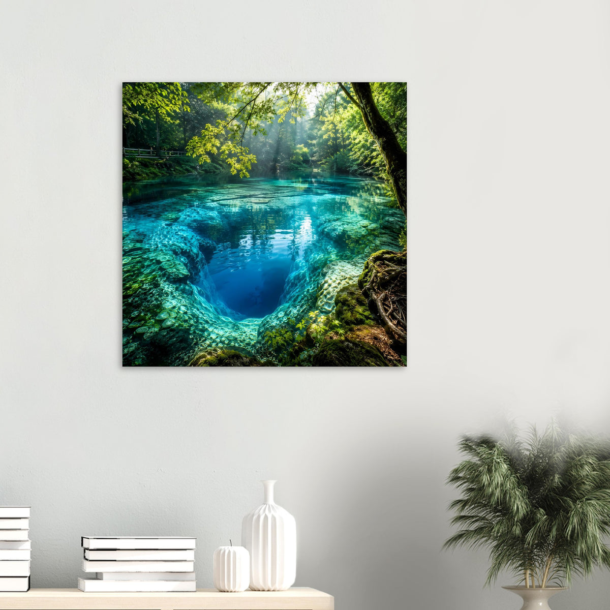 Quadratisches Poster im schwarzen Rahmen: Waldsee mit blauem Wasser und Unterwasserfelsen