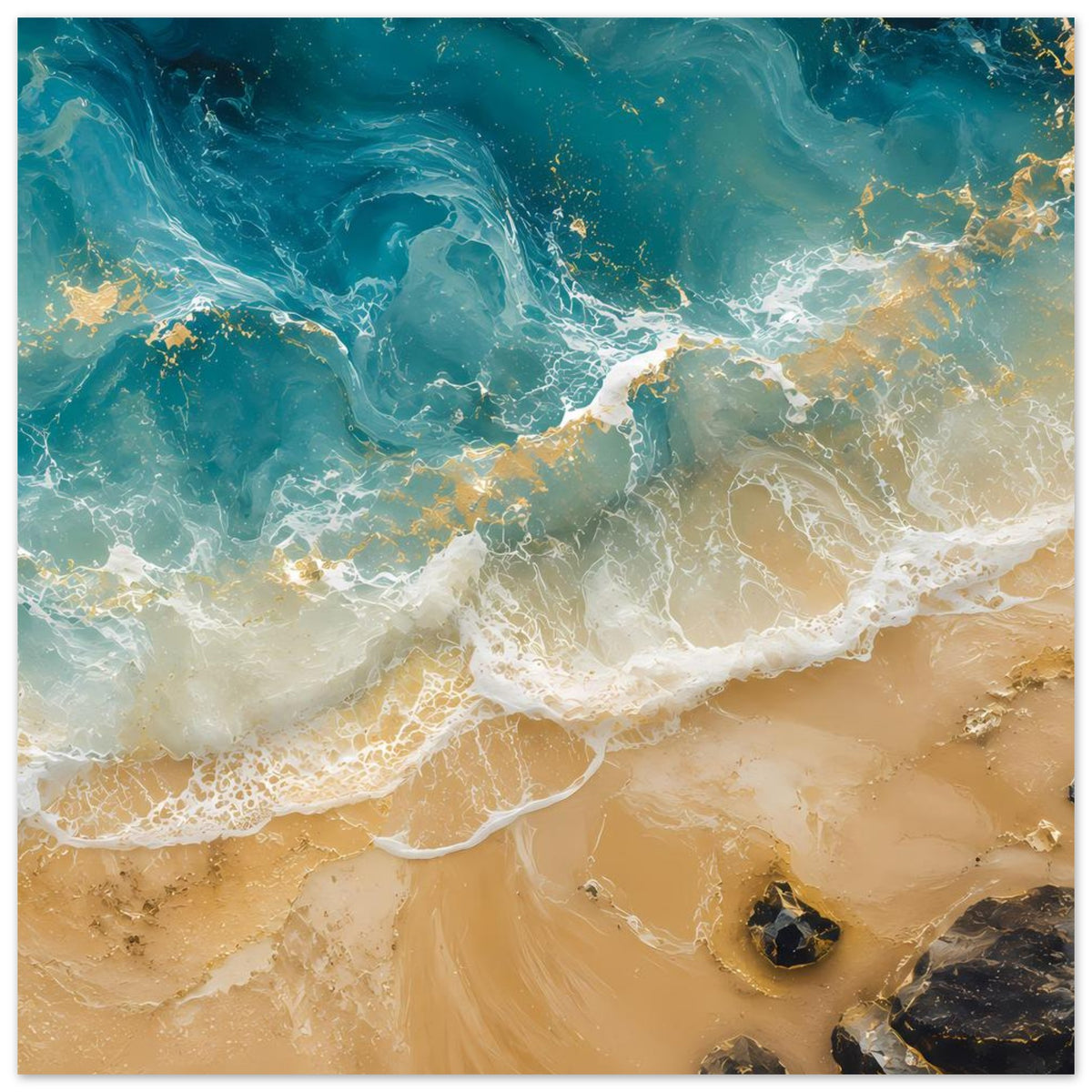 Poster Meer & Strand: auflaufender Wellenschaum über beigem Sand, türkisblau und Gold