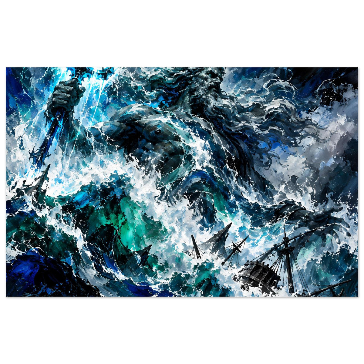 Wandposter Meeresturm mit Poseidon-Figur und Wellen, türkis-blaues Fantasy-Illustrationsdesign