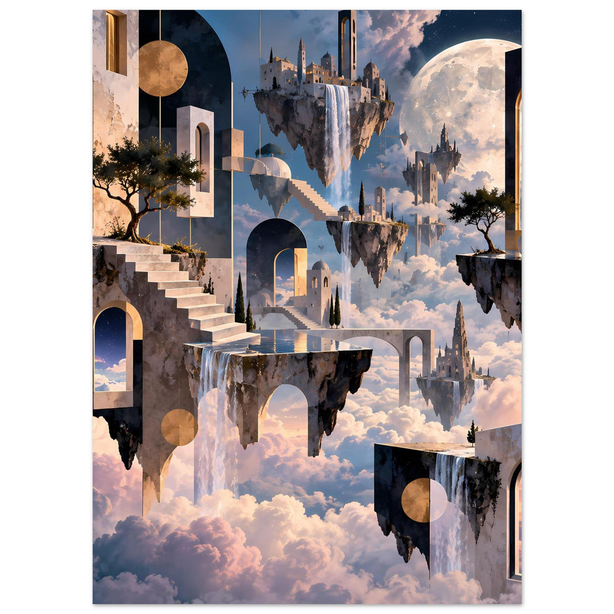 Surrealer Poster-Entwurf mit schwebenden Inseln, Pflanzen am Weg und Mond bei Nacht
