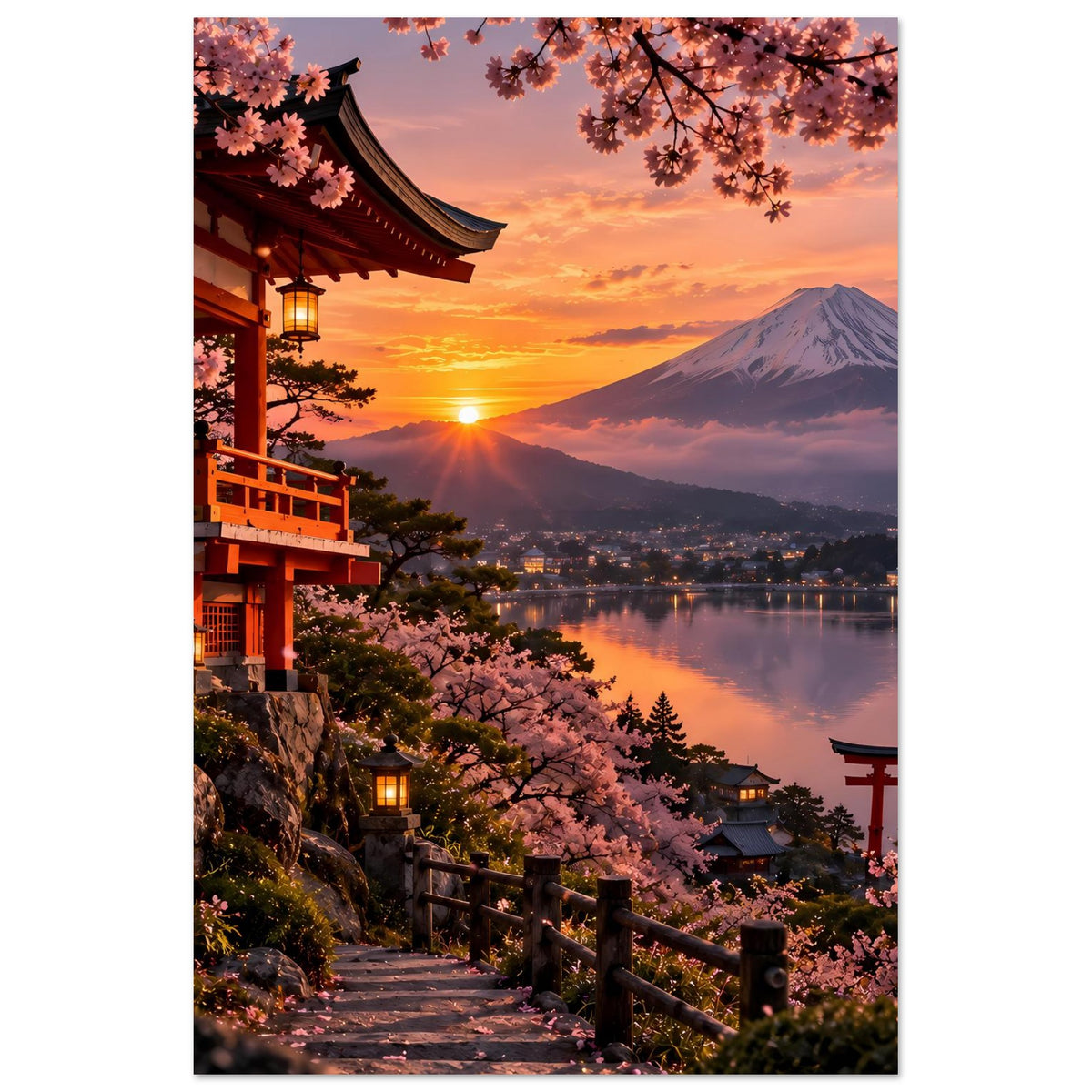 Premium-Poster mit Kirschblütenweg und Torii, Berg Fuji bei Sonnenuntergang, vertikal