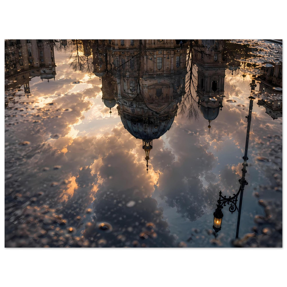 Poster mit Spiegelungsszene: Architektur, wehende Wolken und hängende Laternen