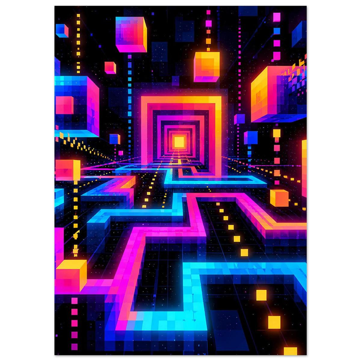Neon-Labyrinth-Poster im Hochformat mit bunten Pfeilern, gitterartigen Flächen und zentralem Frame