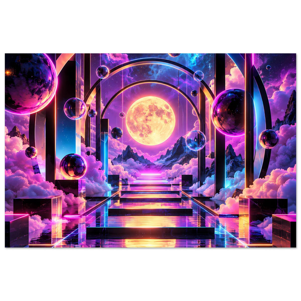 Horizontales Poster im Galaxy-Design: leuchtender Planet, Portal-Bögen, Treppenstufen, Wolken
