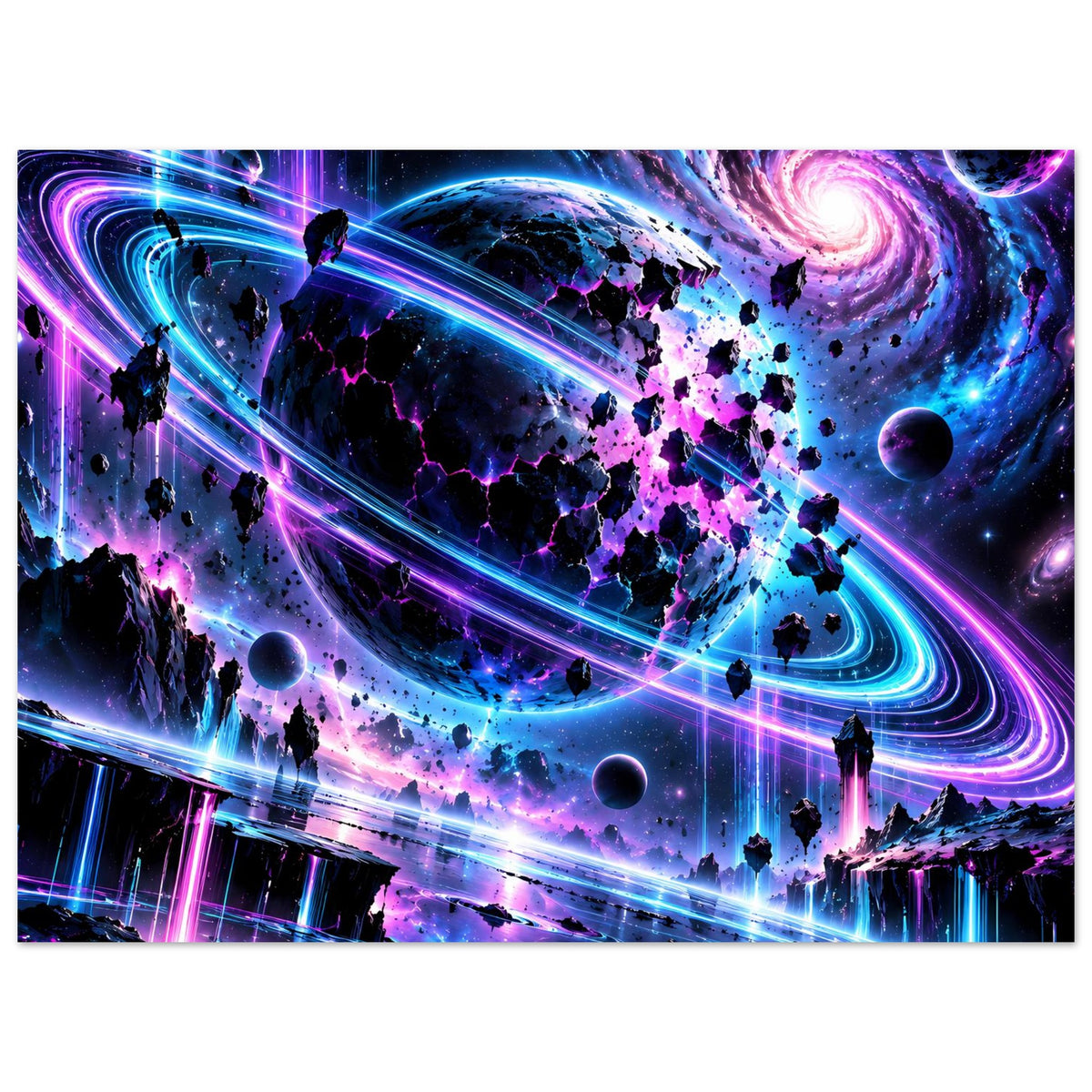 Querformat-Poster: Neon-Kosmos mit Planeten, Raketen und kräftigen Lichtkreisen