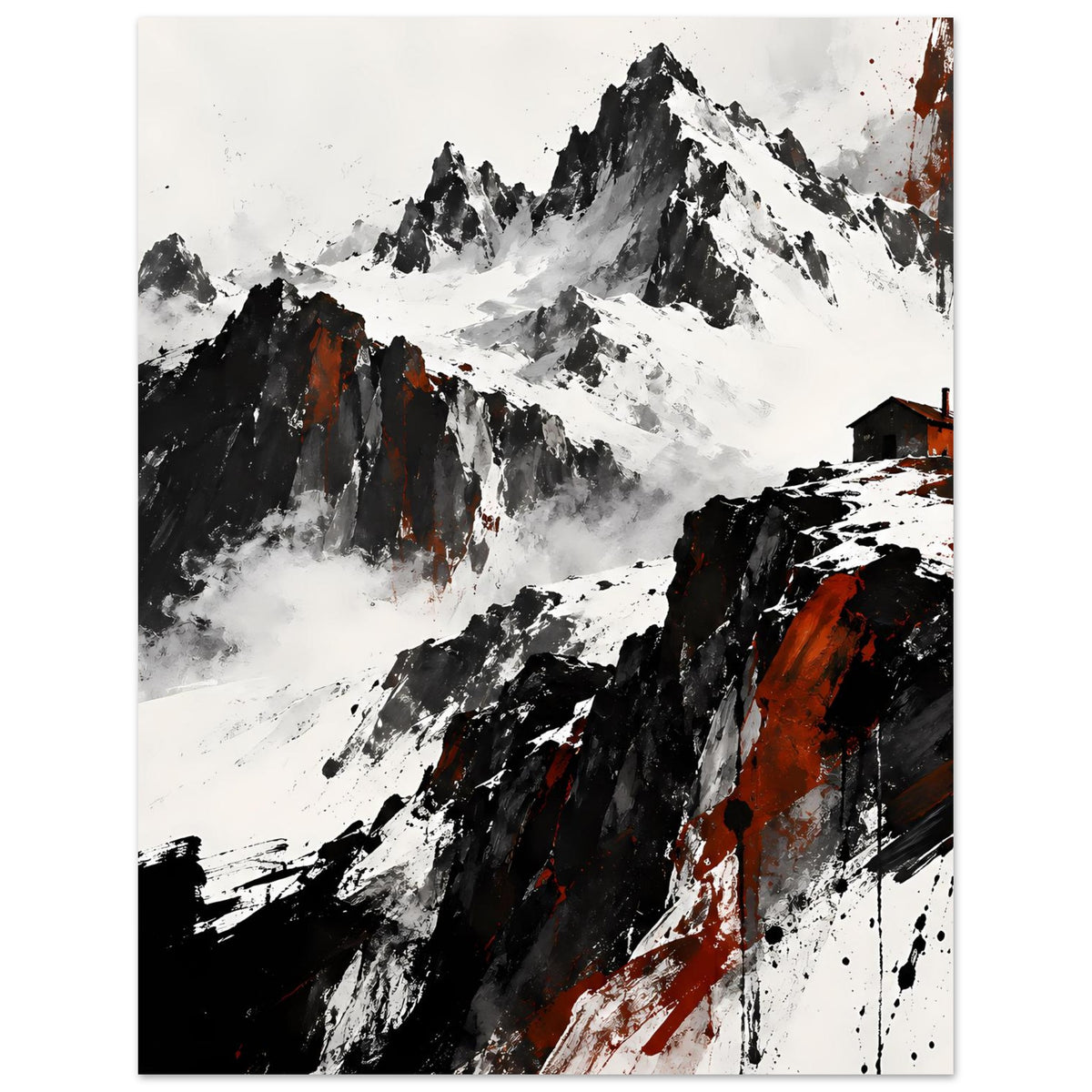 Poster Bergpanorama in Schwarz‑Weiß mit roten Akzenten, vertikal