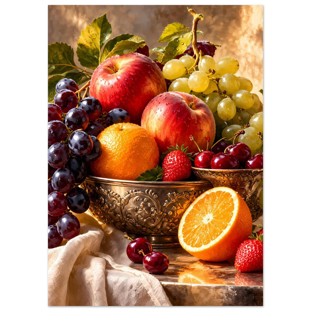 Stillleben-Poster mit Obstschale: rote und gelbe Früchte, Orange, Erdbeeren und Weintrauben