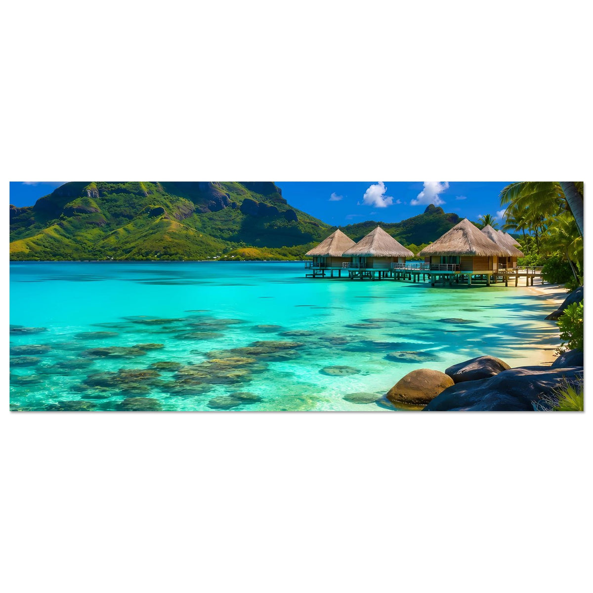 Strandposter, horizontal: türkisfarbenes Wasser, Lagune mit Holzstegen und Hütten