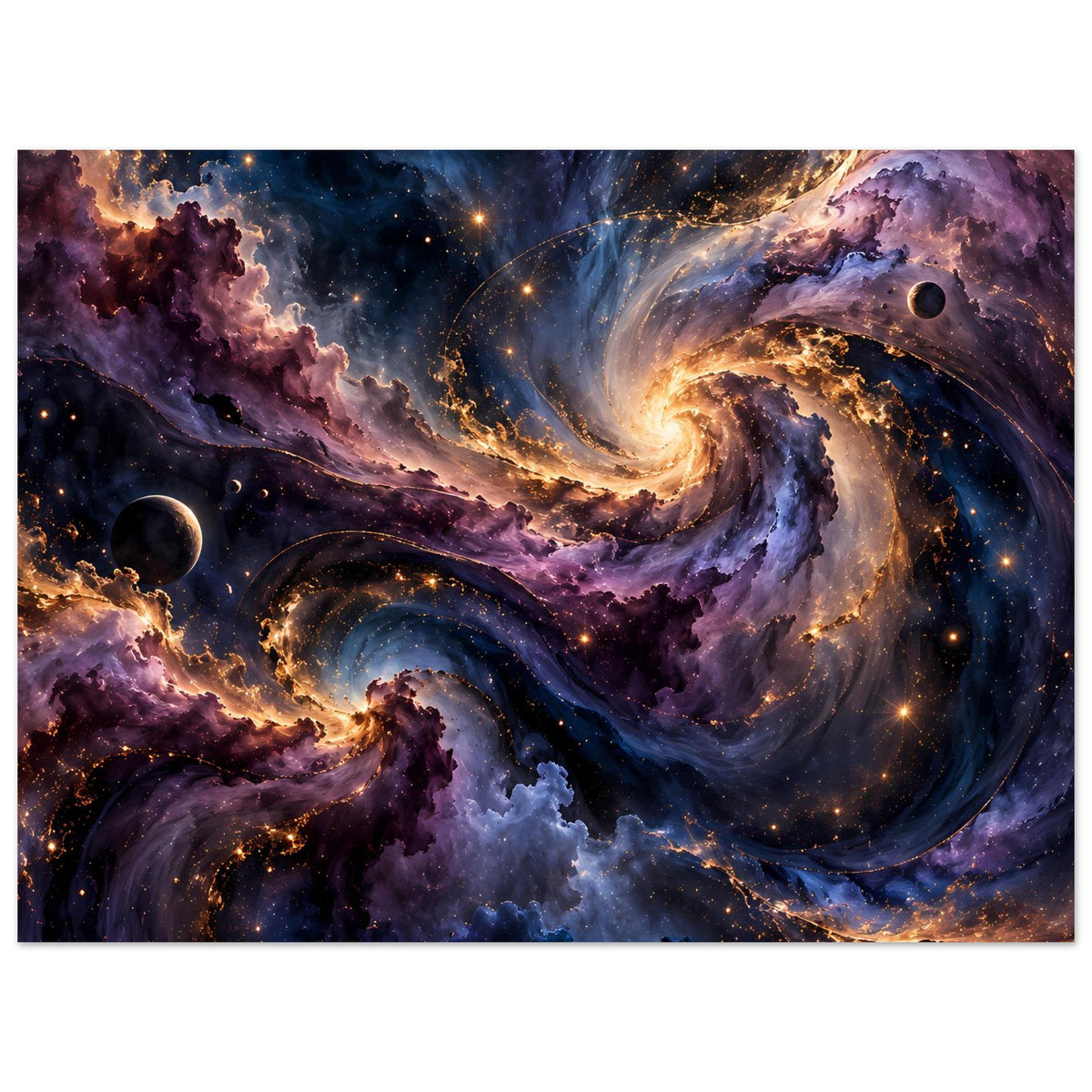 Weltraum-Poster mit Spiralnebel und leuchtenden Staubbahnen, violette Gaswolken, Planet im Vordergrund, Rand