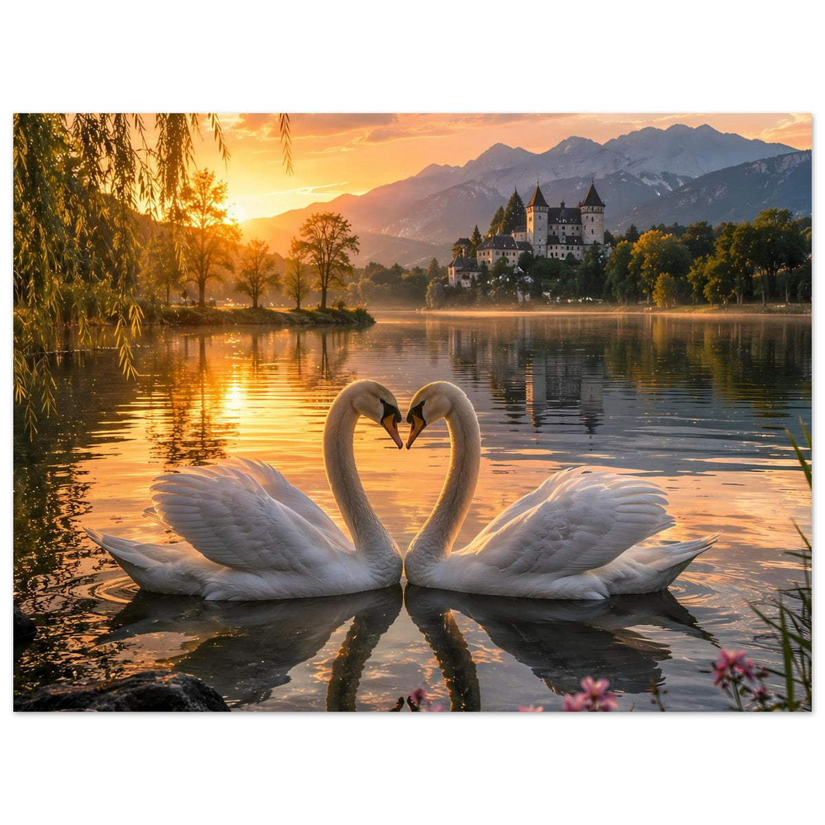Wandposter mit zwei Schwänen als Herzform, Schloss und spiegelndem See im Sonnenuntergang