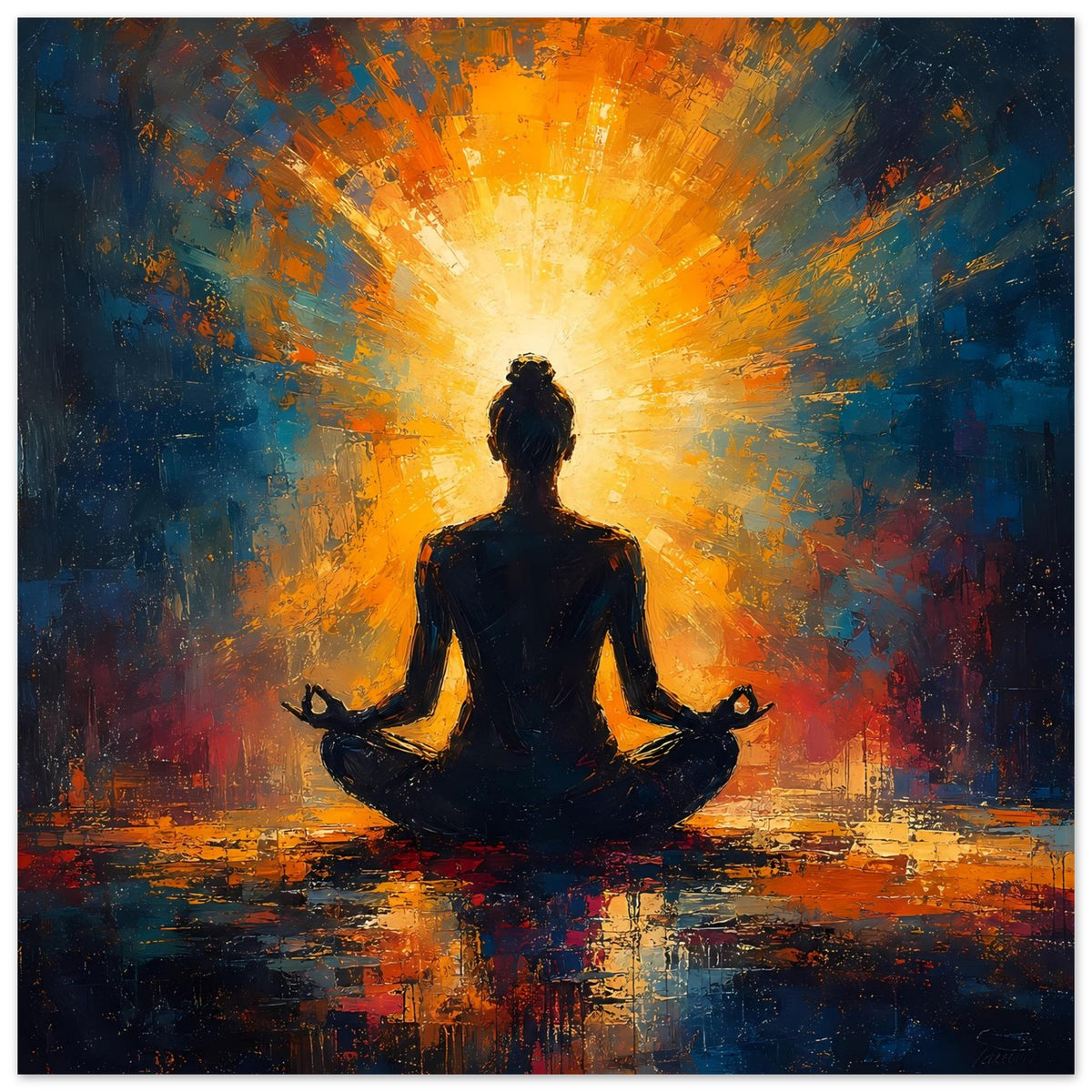Meditatives Poster mit sitzender Silhouette und orangegelbem Strahlenfeuer über bunten Pinselstrichen