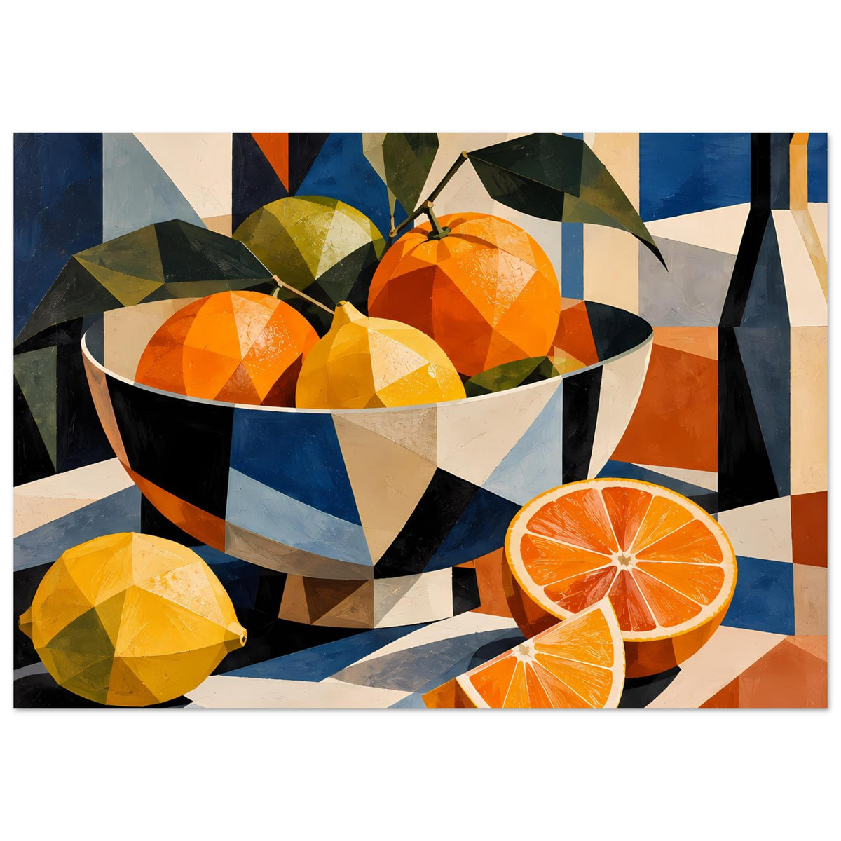 Kubistisches Poster mit Schale aus geometrischen Farbflächen, Orangen und zwei Orangenscheiben