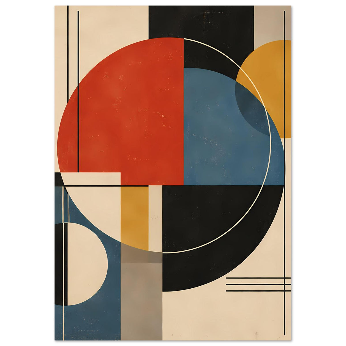 Abstraktes Kunstposter mit überlappenden Kreisflächen und feinen Linien in Rot, Blau, Gelb und Schwarz.