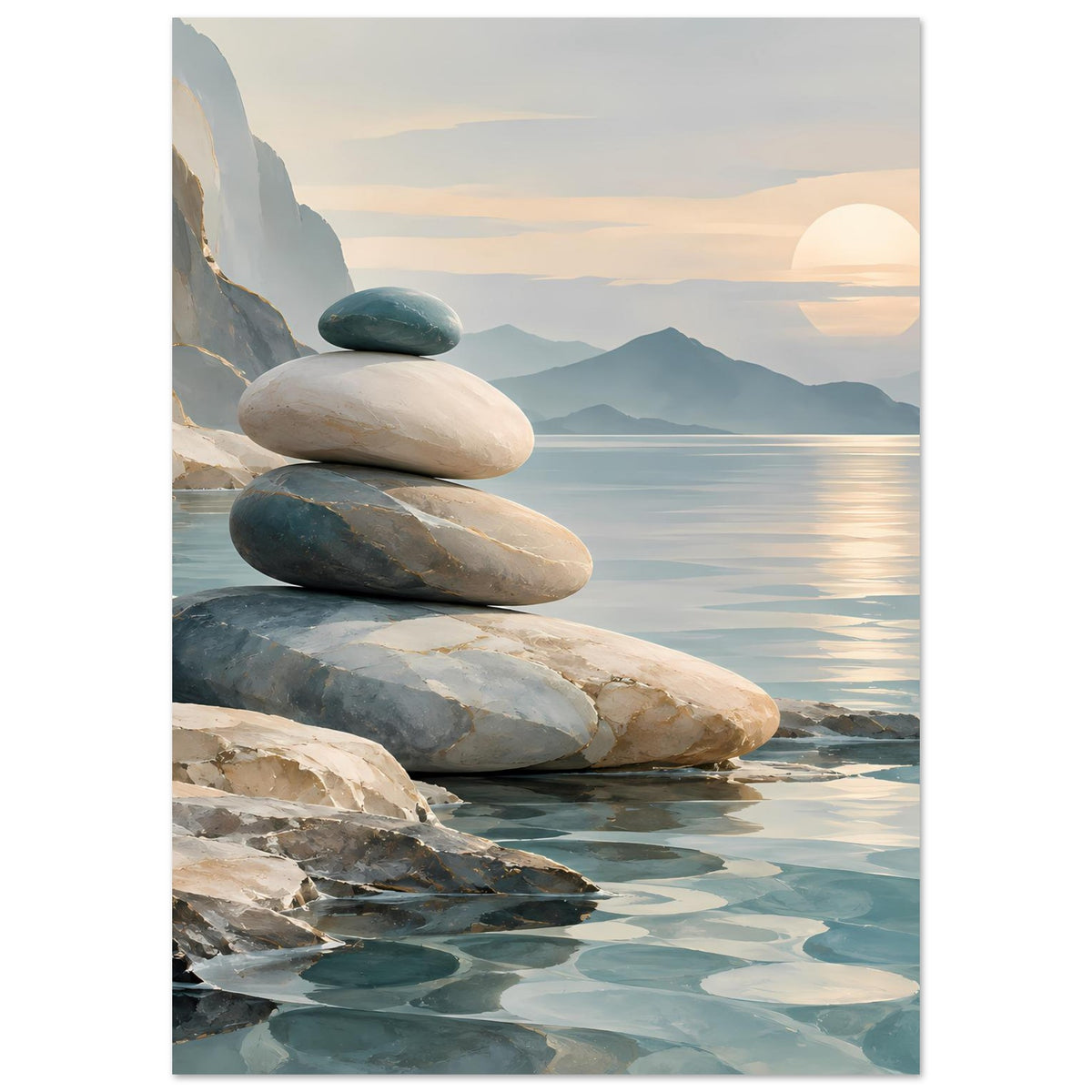 Hochkant-Poster mit Steinsäule am Strand, sanfter Himmel über ruhiger See und Sonne