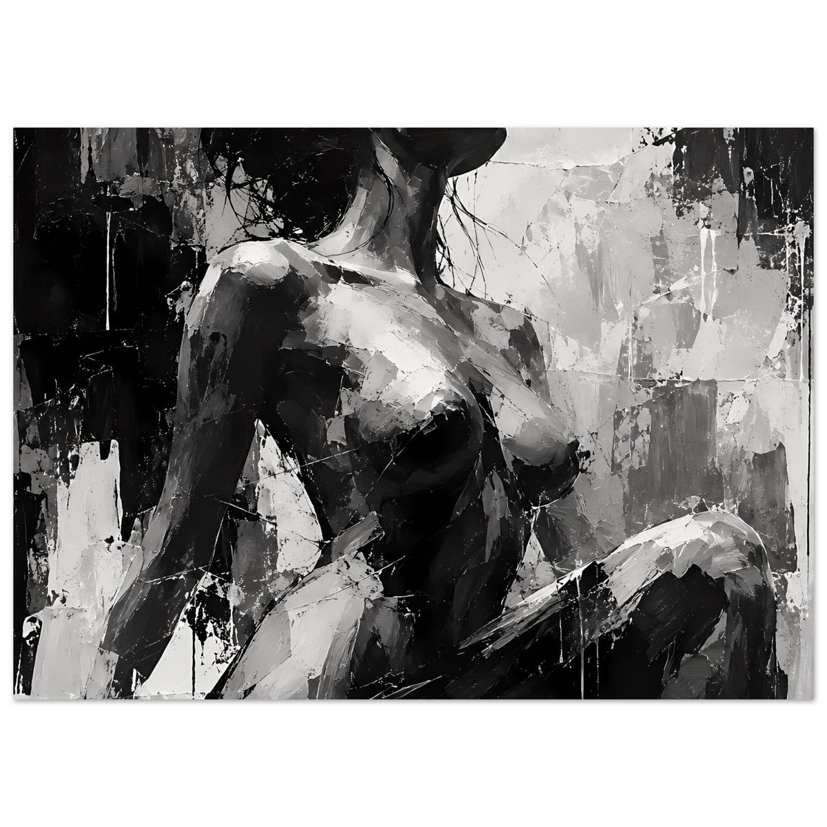 Schwarzweißes Kunstposter mit abstraktem Frauenakt-Porträt, Detailansicht von Oberkörper und Arm