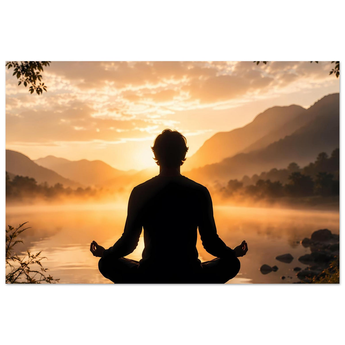 Zen-Meditationsposter im Querformat: Silhouette im Lotussitz mit Sonnenaufgang-Licht über Nebellandschaft.
