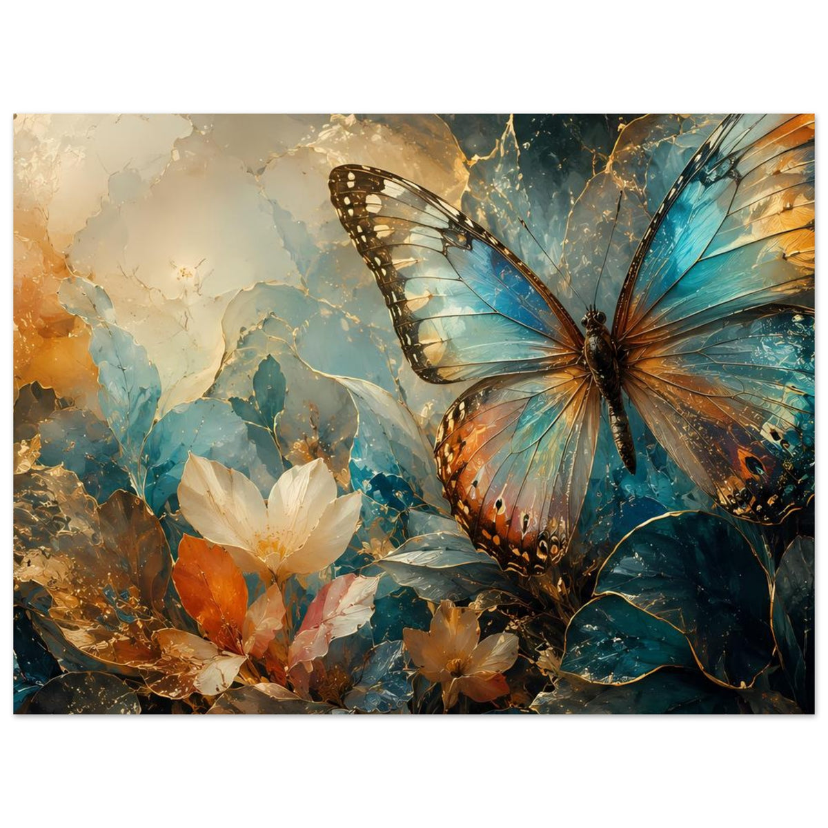 Horizontales Poster: Schmetterling über Blumen, warmes Blau mit goldenen Linien im abstrakten Design