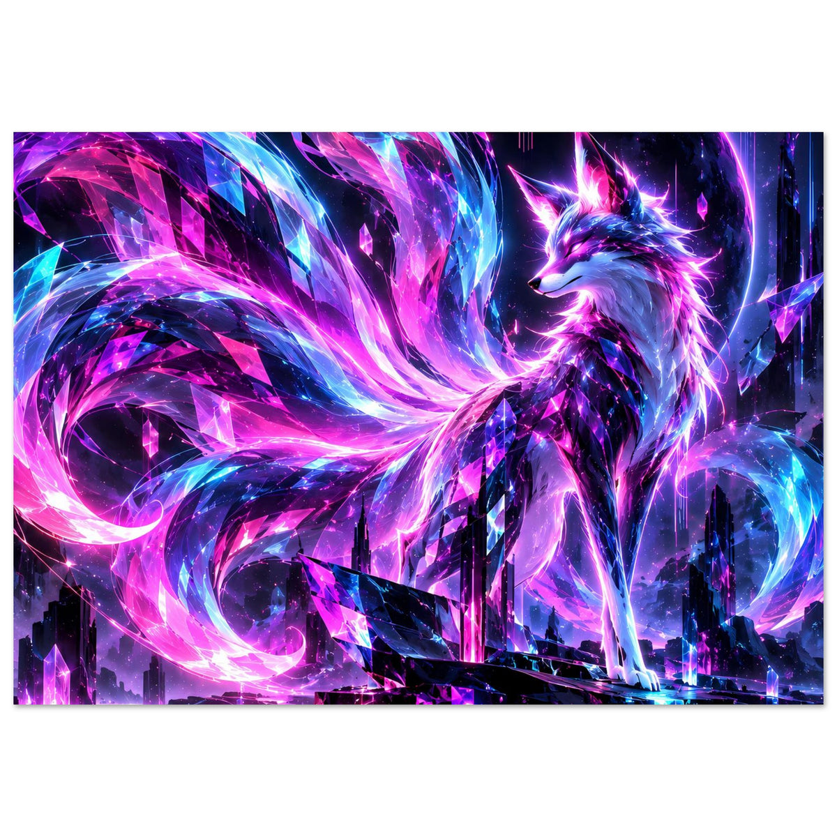Querformat-Fantasy-Poster mit Neon-Fuchs, violette und blaue Energie wirbelt durch das Motiv