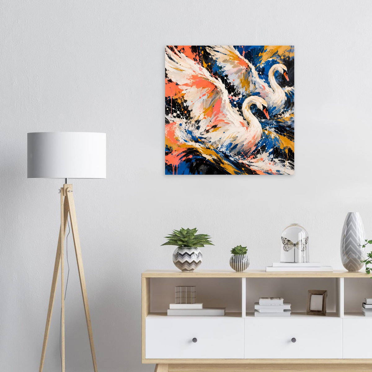 Quadratisches Kunstposter mit abstraktem Schwanenmotiv in Koralle, Gold und Blau