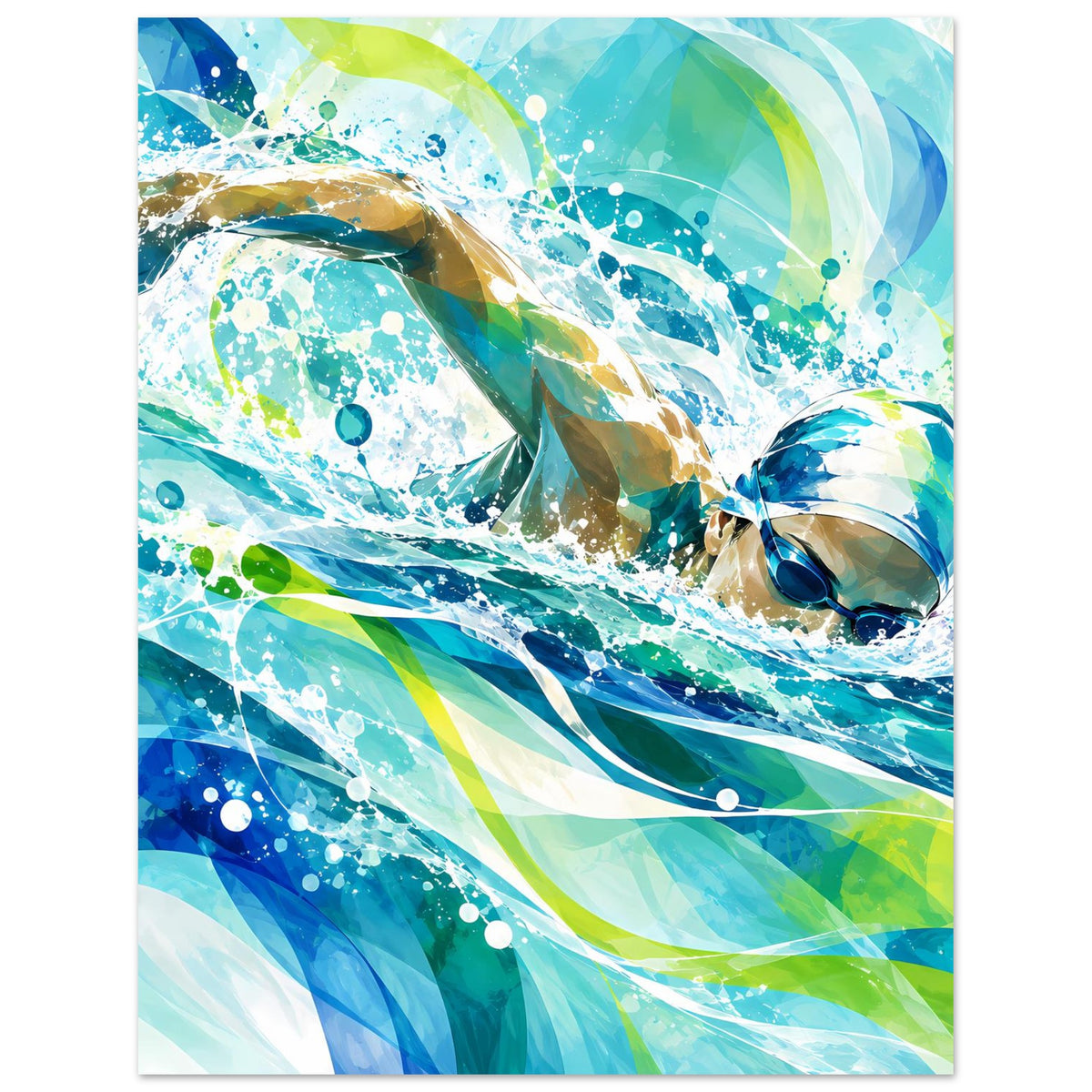 Hochformat-Poster: zwei Schwimmer in türkisblauem Wasser, abstrakte Spritzer und Wellen