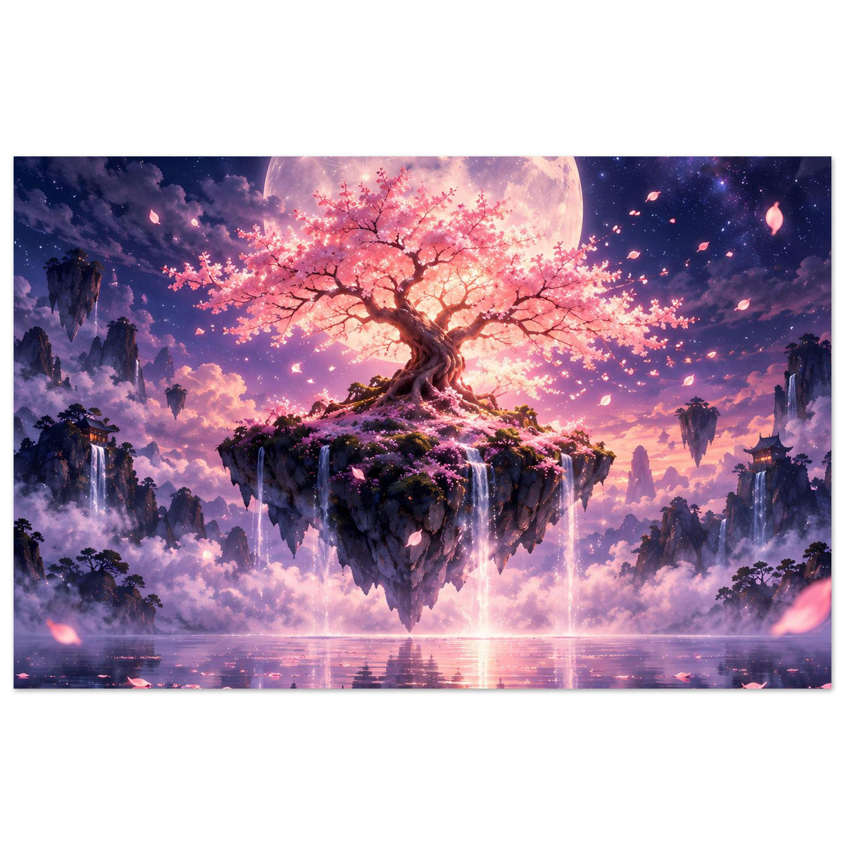 Querformat-Poster: schwebender Kirschblütenbaum mit großem Mond und funkelnden Blüten.