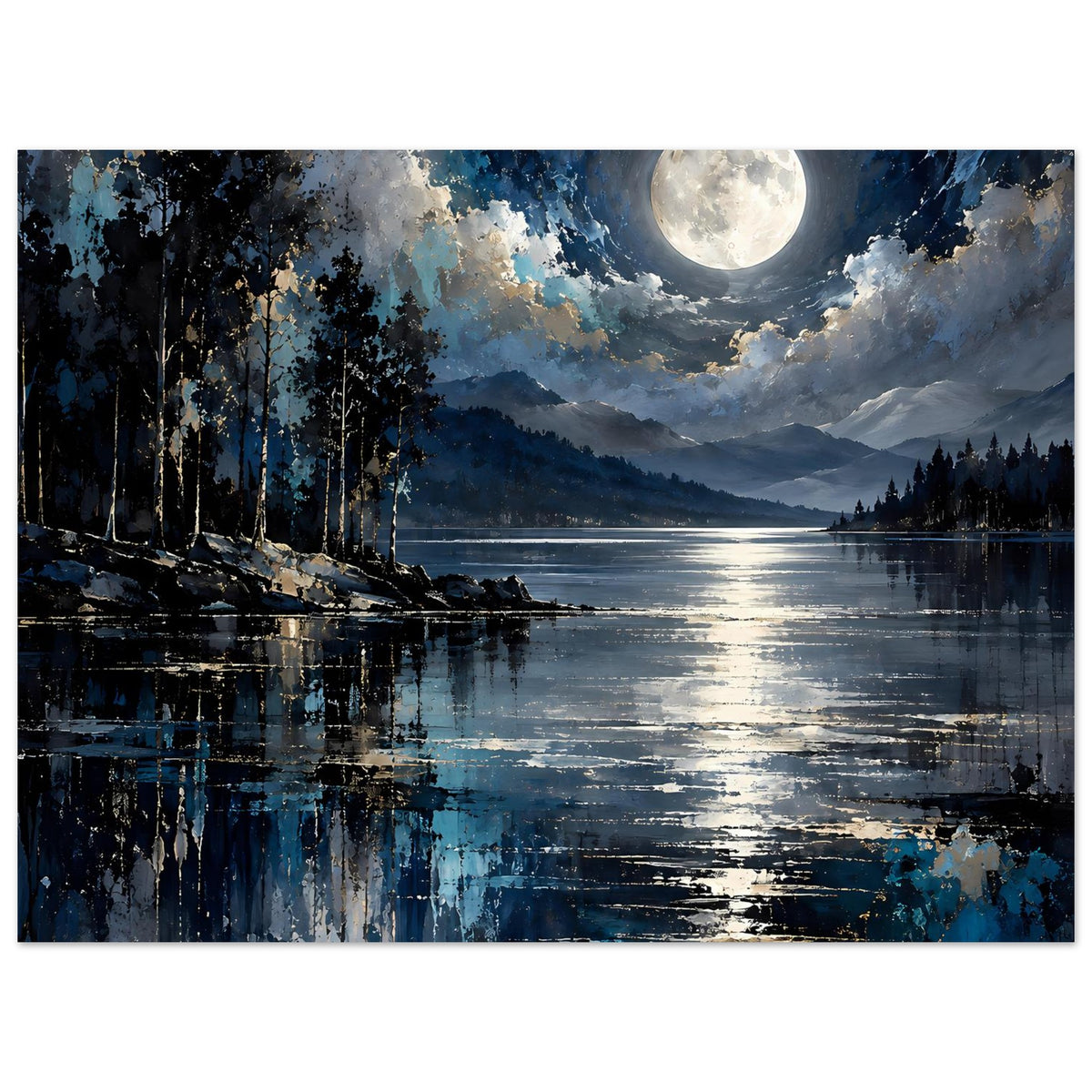 Horizontales Landschaftsposter mit Mond über See, Bergsilhouetten und Lichtreflexen