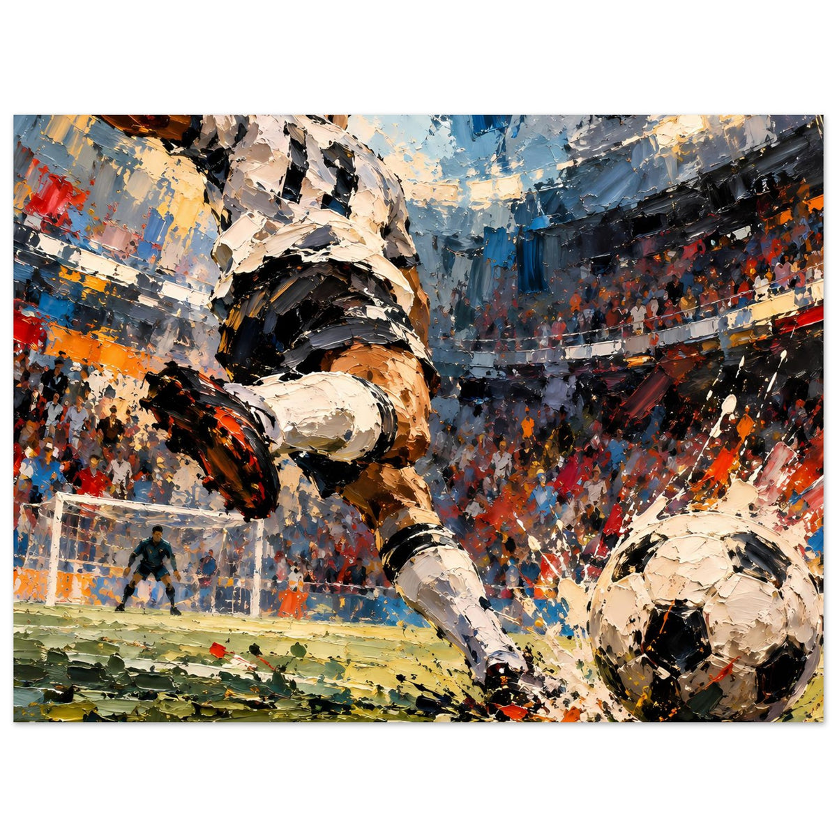 Fußball-Actionposter im Querformat: Schützenaktion mit Ball, Tor und Fans