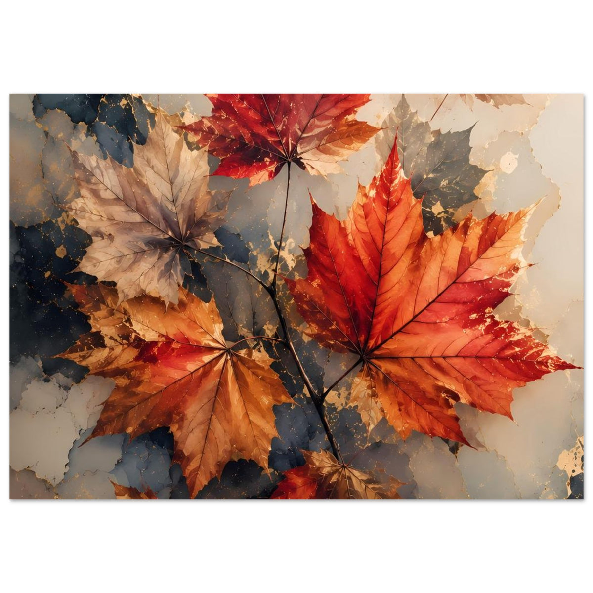 Gerahmtes Poster mit abstrakten Ahornblättern in warmen Herbstfarben und dunklen Adern